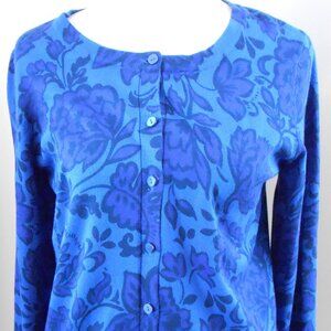 Time And Tru Women's Blue Cardigan Sweater W/Purple Flowers Black Outline Size-S